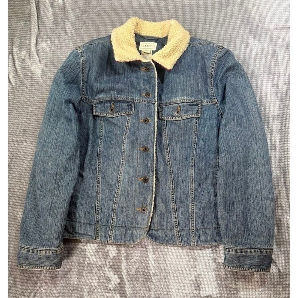 LL Bean Womens L Sherpa Lined Denim Blue Trucker Jacket Corduroy Collar Button